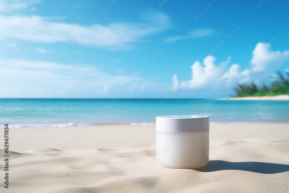 Generative AI a cosmetic packaging on the sand on a beach Generative AI a cosmetic packaging on the sand on a beach