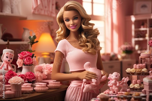 Girl in pink barbie look a like in pink kitchen cooking, Created using generative AI