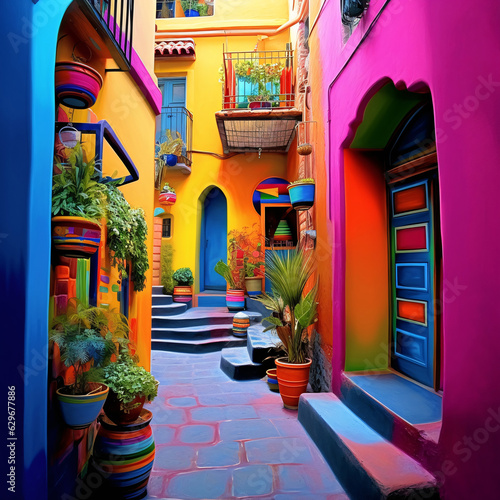 An alleyways in colorful colors, folklore-inspired, bold color palate, pink and indigo, use of bright colors, AI Generated © atdigit