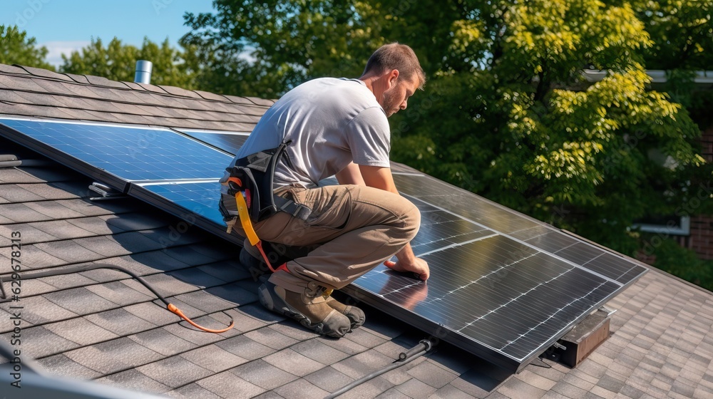 Worker installing solar panels on an house, working during a sunny day, renewable clean energy Worker installing solar panels on an house, working during a sunny day, renewable clean energy