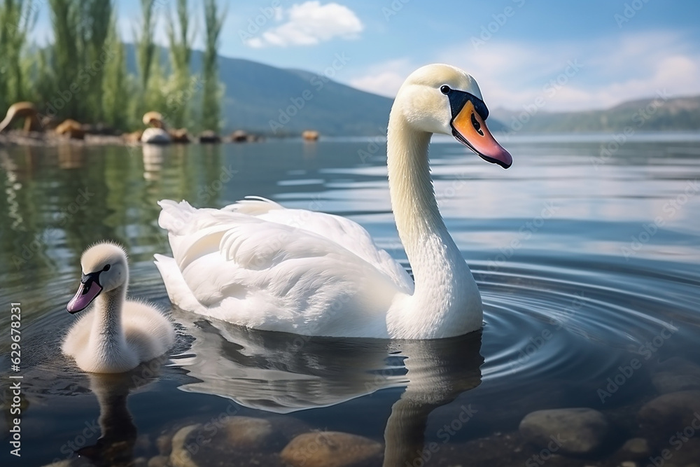 Obraz premium Generative AI a beautiful white swan with her young on the lake