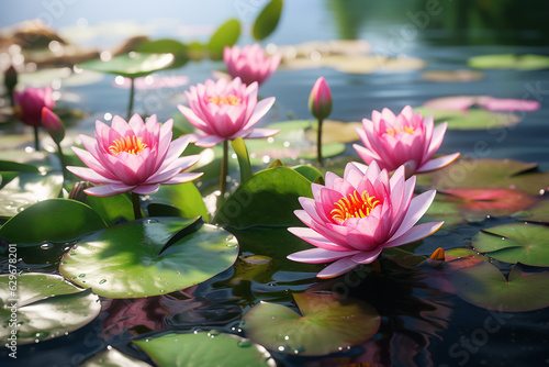 Generative AI blooming water lilies on a nearby lake