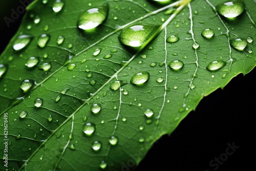 waterdrops on vibrant green leaf. natural image. 