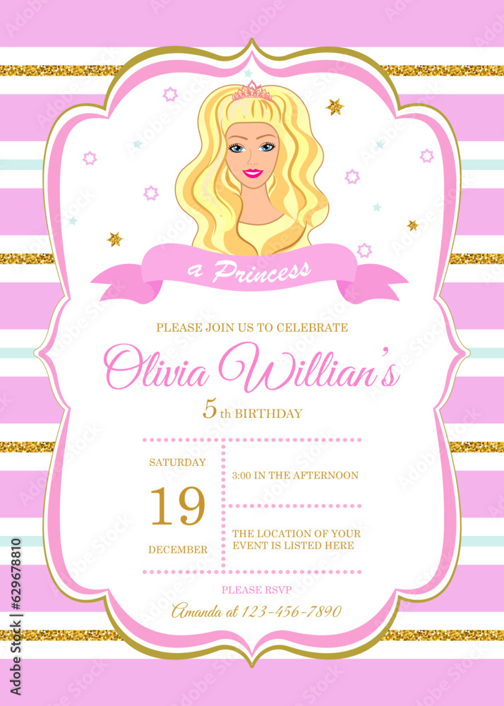 Obraz premium Invitation to the princess's birthday party. Template for baby shower invitation. It is a girl. quinceanera