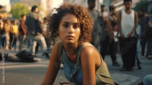 Young woman worried during a protest in the middle of the street, climate change