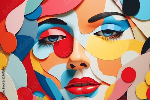 Beauty, fine art, fashion concept. Abstract modern art collage of woman portrait made of various and colorful geometric shapes. Generative AI © Rytis