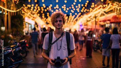 modern european man holding camera thailand during a party