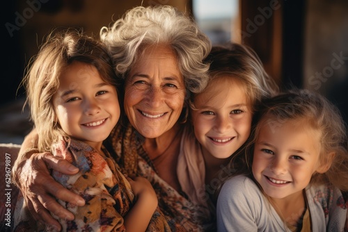 Grandmother Hugging Happy Kids - Quality Bonding Time - Family Spending Time Together - AI Generated