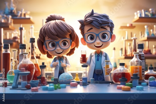 3d cartoon science children chemical experiments national science day