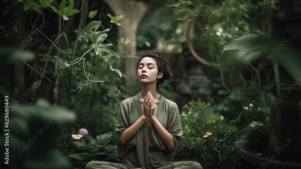 Young woman in lotus pose in the garden