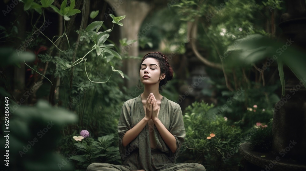Young woman in lotus pose in the garden Young woman in lotus pose in the garden