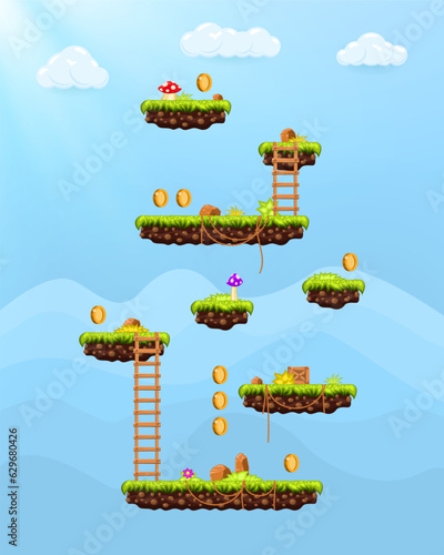 Video game. Elements and objects for computer game. Template for construction game level. Background for arcade game. Vector illustration.