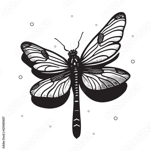 Dragonfly monochrome icon. Blackhand drawn insect isolated on white background. Engraving style. Vector illustration.