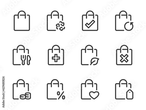 Shopper and Plastic bag variations vector line icons. Delivery Pack and Bag for different purposes outline icon set. Food, Discount, Price, Eco Product, Purchase returns and more.