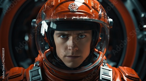 Futuristic astronaut on red tones, cinema movie style image