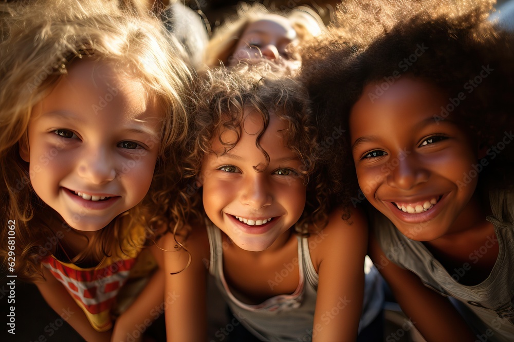 Fototapeta premium Close up of pre-teen friends in a park smiling to camera