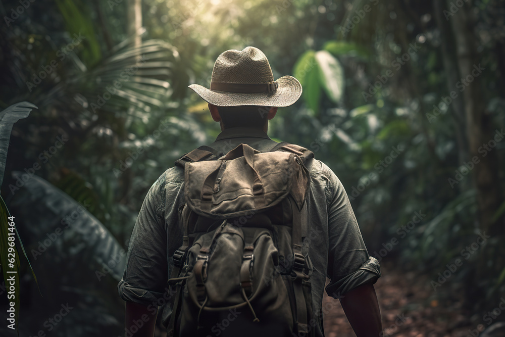 Adventurer from the back with a hat walking in the Amazon rainforest with lots of trees and vegetation. Backpacker exploring tropical jungle. Portrait of botanist in greenhouse. Generative AI