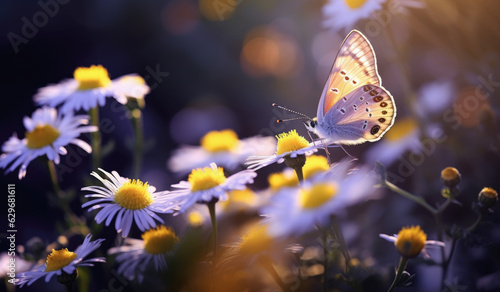 Mariposa de colores en un campo de margaritas.Ilustracion de ia generativa