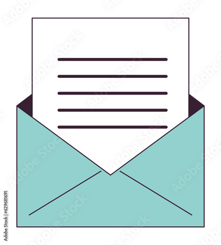 Letter in opened envelope flat line color isolated vector object. Exchange messages. Editable clip art image on white background. Simple outline cartoon spot illustration for web design