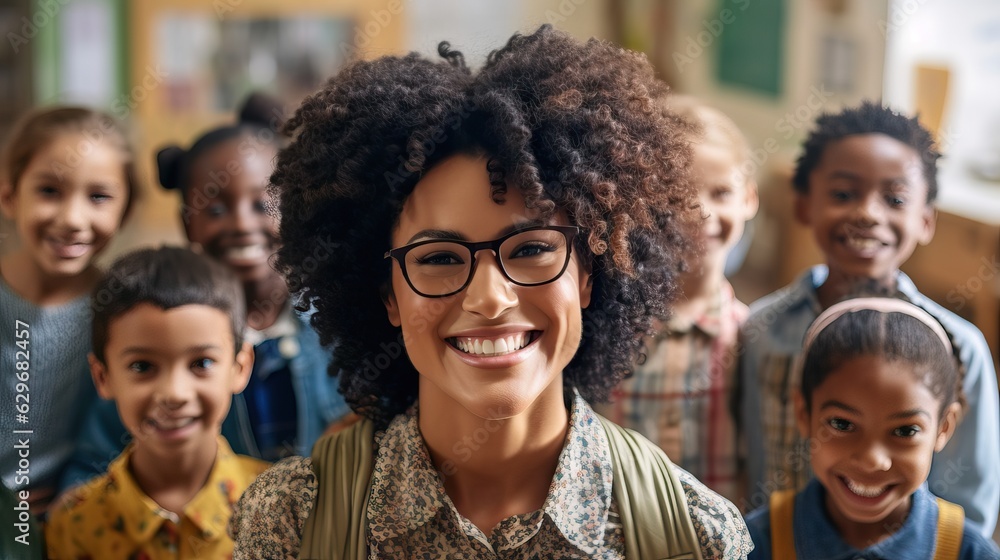 School children and teacher taking selfie in class, multi ethnic class, learning together School children and teacher taking selfie in class, multi ethnic class, learning together