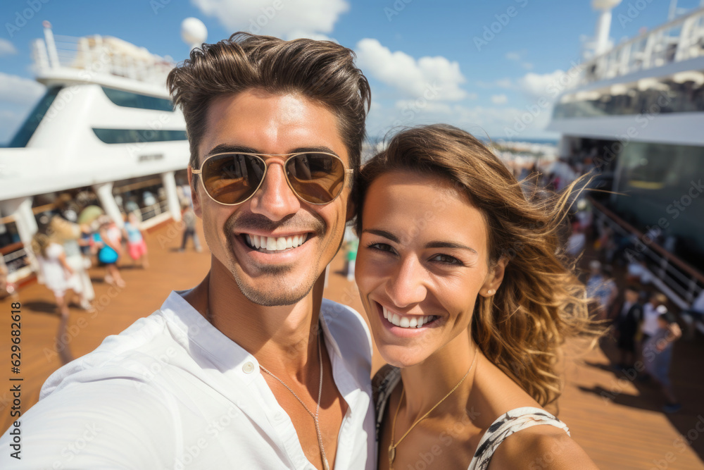 Mann und Frau Ehepaar vor einem Kreuzfahrtschiff im Selfie Stil - Romantischer Urlaub