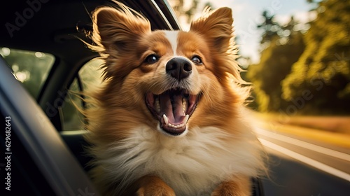 Happy funny dog out of the window of a car, wide angle shot, active motion image © Banana Images