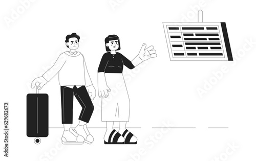 Wallpaper Mural Airport departure board monochrome concept vector spot illustration. Tourists checking plane departure 2D flat bw cartoon characters on white for web UI design. Isolated editable hand drawn hero image Torontodigital.ca