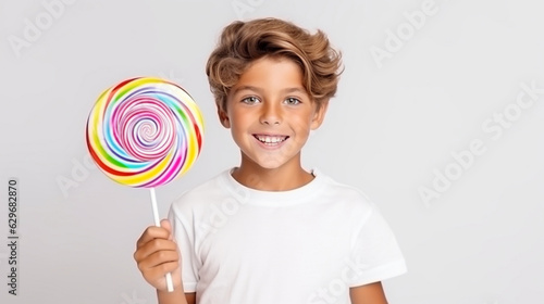 A child with big colorful lollipop round white background
