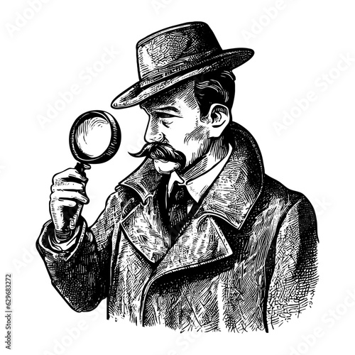detective with magnifying glass vintage illustration