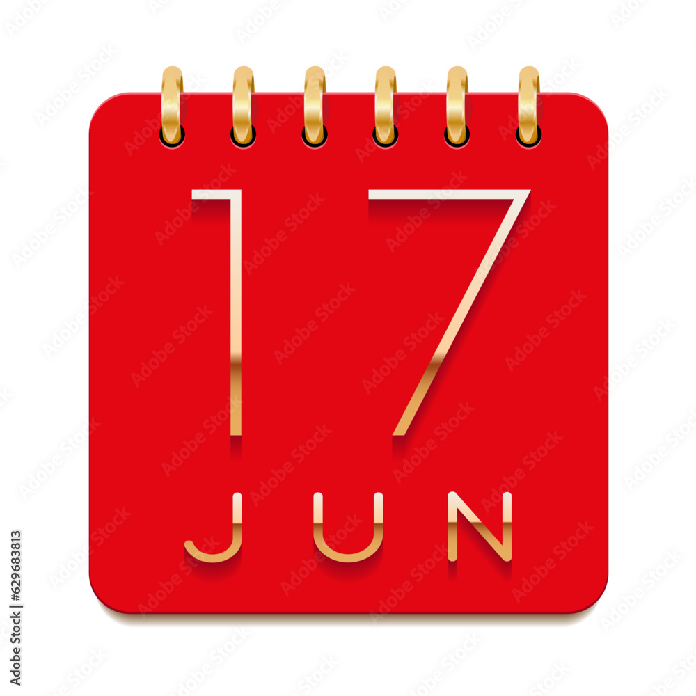 17 day of the month. June. Luxury calendar daily icon. Date day week Sunday, Monday, Tuesday, Wednesday, Thursday, Friday, Saturday. Gold text. Red paper. Vector illustration 17 day of the month. June. Luxury calendar daily icon. Date day week Sunday, Monday, Tuesday, Wednesday, Thursday, Friday, Saturday. Gold text. Red paper. Vector illustration