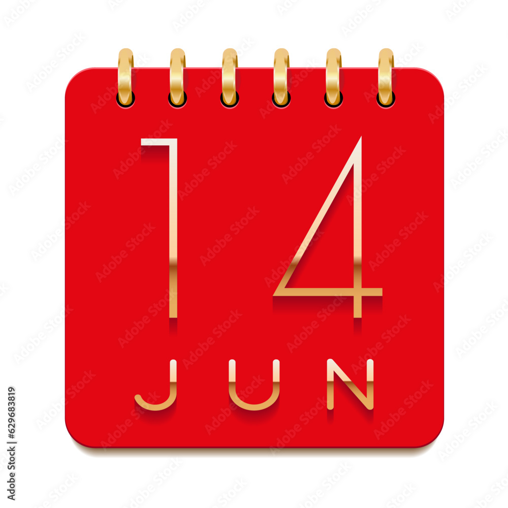 14 day of the month. June. Luxury calendar daily icon. Date day week Sunday, Monday, Tuesday, Wednesday, Thursday, Friday, Saturday. Gold text. Red paper. Vector illustration 14 day of the month. June. Luxury calendar daily icon. Date day week Sunday, Monday, Tuesday, Wednesday, Thursday, Friday, Saturday. Gold text. Red paper. Vector illustration