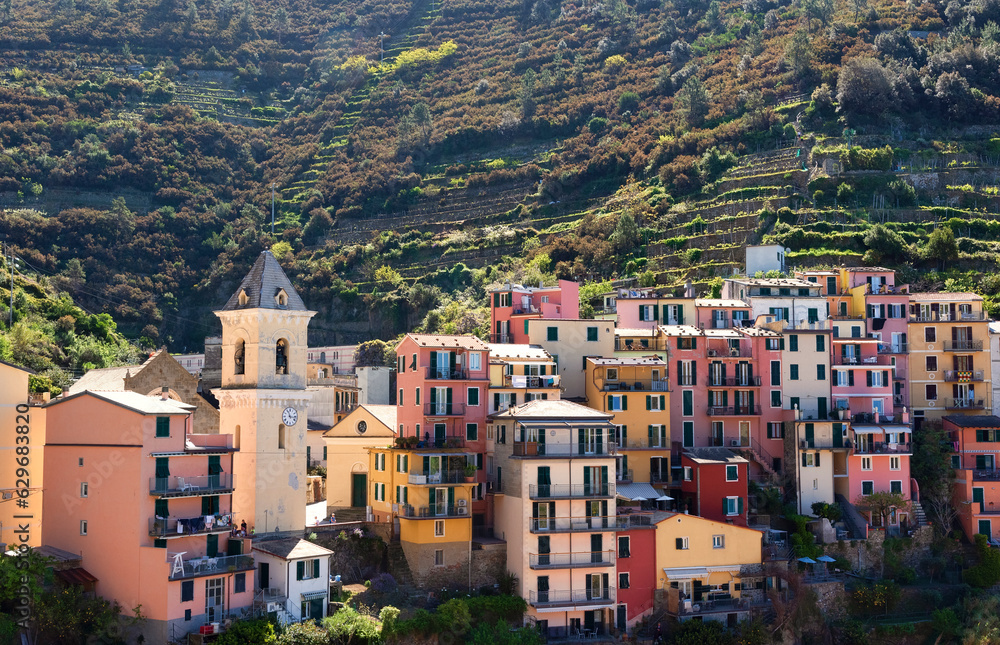Village of Riomaggiore, Cinque Terre, on the Mediterranean Coastline.