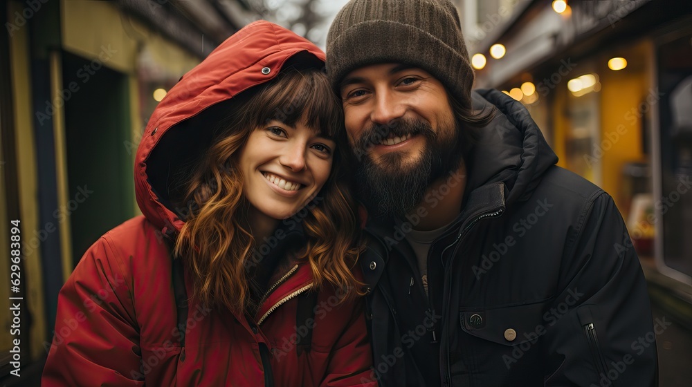 Young couple outdoors at winter having fun, love each other