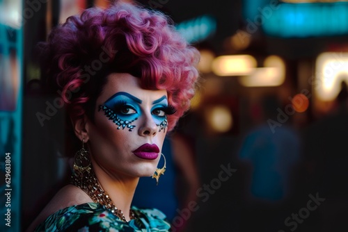Drag queen performer posing casual in the street and looking at camera
