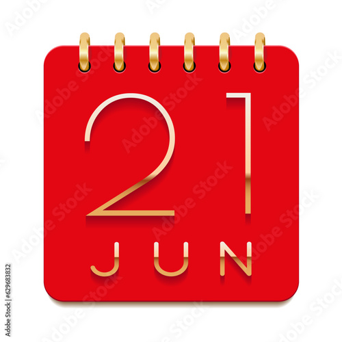 21 day of the month. June. Luxury calendar daily icon. Date day week Sunday, Monday, Tuesday, Wednesday, Thursday, Friday, Saturday. Gold text. Red paper. Vector illustration