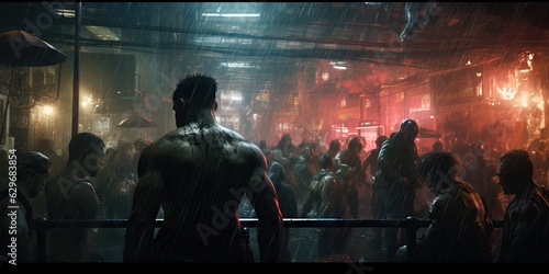 Two man fighting boxin cinematic movie scene futuristic dystopic cyberpunk city