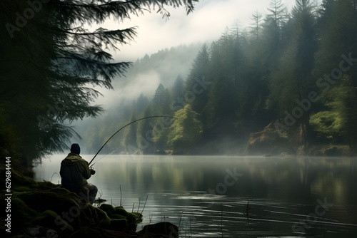 Serene Fishing: Reflections in the Forest Lake
