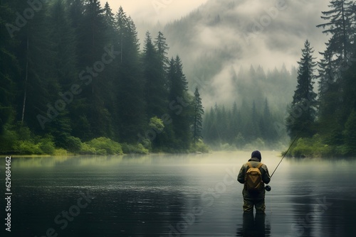 Fisherman's Serenity: Fishing in the Misty Lake