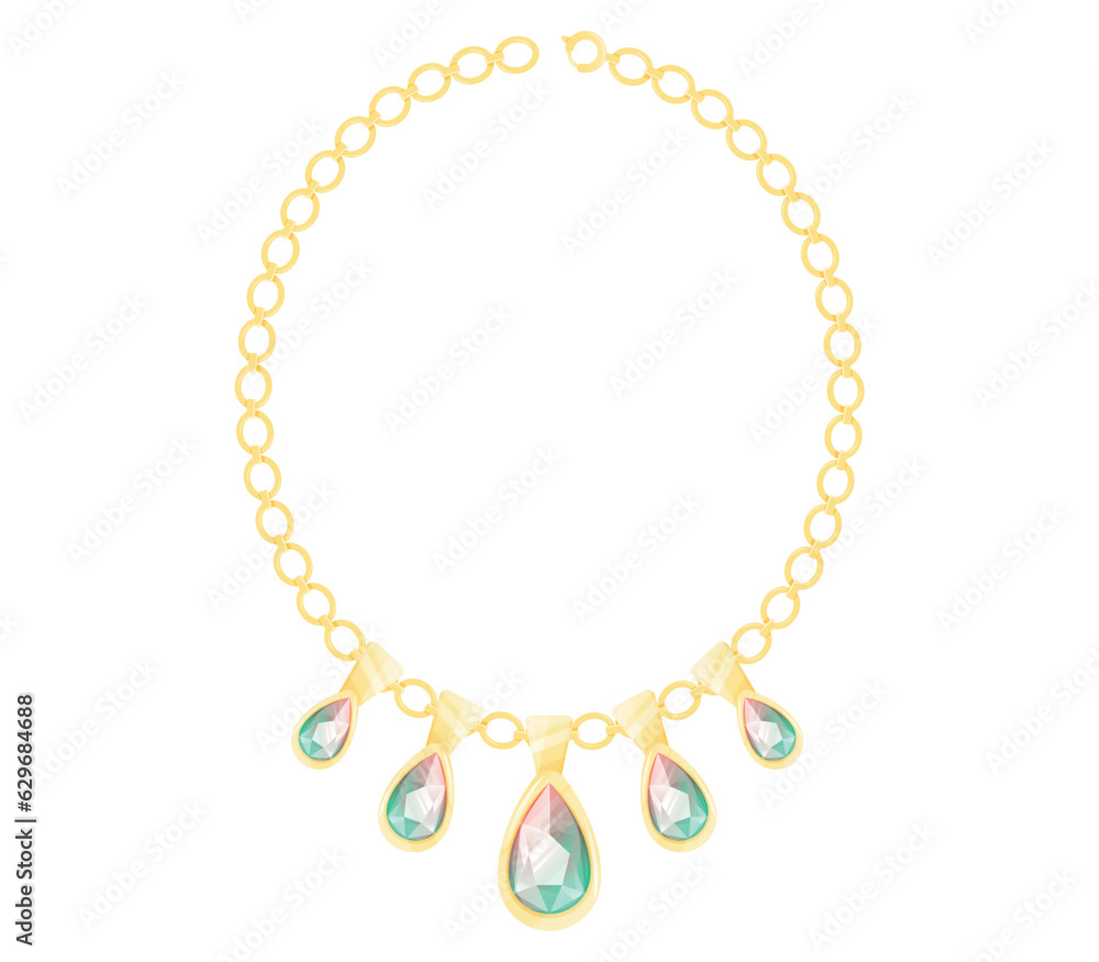 Fototapeta premium Gold necklace, chain with precious stones emeralds in the shape of a drop. Vector isolated cartoon female precious jewelry.