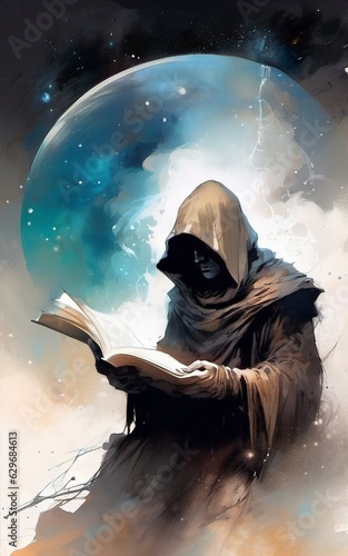 hooded figure reading book in front of blue planet digital art,generative Ai.
