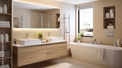 beige bathroom interior double sink mirror  generative ai
