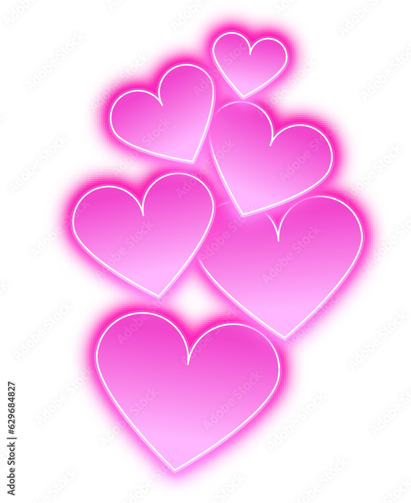 Transparent neon glowing floating heart shape. Flying hearts design element