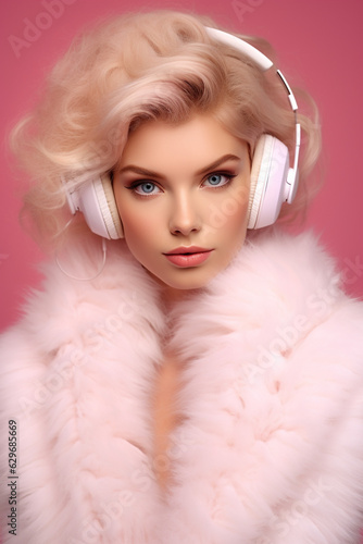 Portrait of a beautiful girl wearing long white fur coat listening to music with headphones isolated on a pink background. Front portrait of attractive blonde woman in a big white headphones looking