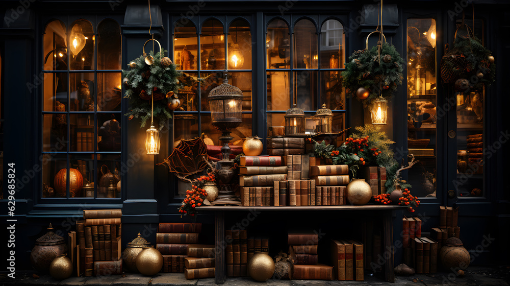 An image of a book shop window on Christmas with  of Christmas themed gifts