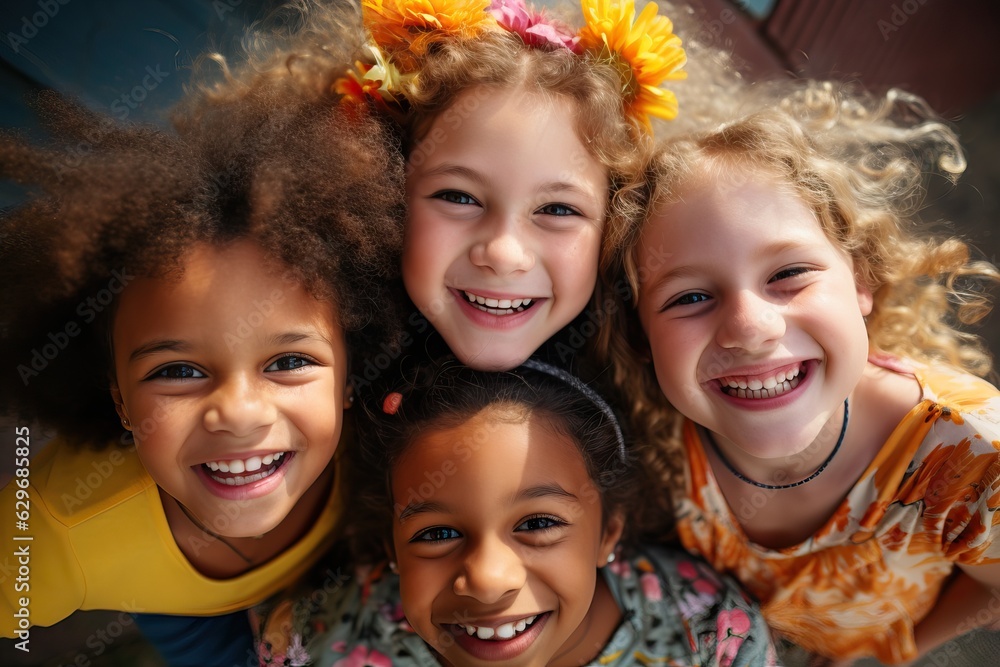 Group of diverse cheerful fun happy multiethnic children outdoors