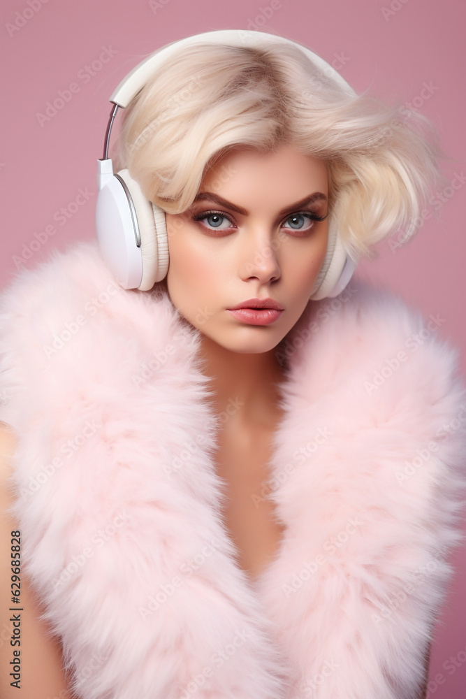 Portrait of a beautiful girl wearing long white fur coat listening to music with headphones isolated on a pink background. Front portrait of attractive blonde woman in a big white headphones looking Portrait of a beautiful girl wearing long white fur coat listening to music with headphones isolated on a pink background. Front portrait of attractive blonde woman in a big white headphones looking