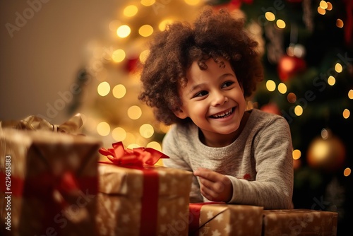 Small cute child holding present gift box with red ribbon,giving receiving presents on holiday event photo