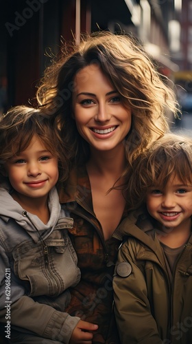 Young mother hugging her child against city background,bonding together happy family,single mother