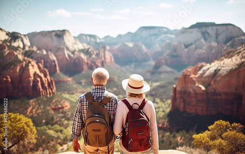 The view from behind of an elderly couple on a trip, their journey marked by a deep appreciation for the world's wonders and their enduring companionship.