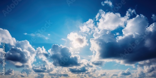 Blue sky with white clouds background. blue cloudy skies texture, dark blue sky wallpaper with with white fully clouds and sunlight